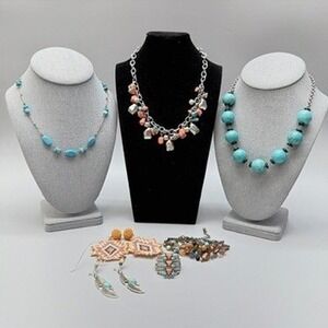 Jewelry Lot Silver Tone Blue Coral Colors Necklace Ring Earring Bracelet Western